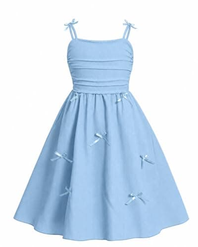 Image of JiAmy Girls Spaghetti Strap Dress Kids Summer Bowknot Smocked Tiered Swing Dresses Casual Elegant Sundress for Girl 11-12 Years Blue