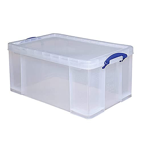 Image of Really Useful Clear Transparent Plastic Storage Box, 64 Liters Features Attached Handles Make It Easy To Carry