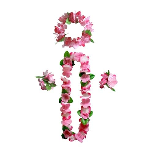 Image of 4 Pcs Hawaiian Style Lei Set,Hawaiian Flower Leis Necklace Headband Bracelets Wristband,Fancy-dress Party Accessories,Summer Beach Themed Tropical Party Decorations for Kid and Adult (Pink-white)