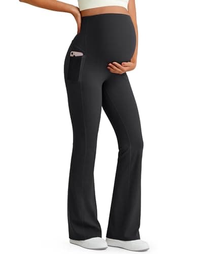 Image of G4Free BareFeel Maternity Trousers Over Bump Flared Leggings Women Stretchy Pregnancy Yoga Pants with Pockets Casual Lounge Dress Work(Black,M,29")
