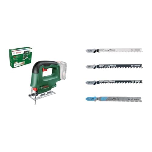 Image of Bosch Home and Garden Cordless Jigsaw EasySaw 18V-70 (Without Battery, 18 Volt System, in Carton Packaging) + Tough Box Jigsaw Blade-Set with Single Lug Shank, Set of 40 Piece
