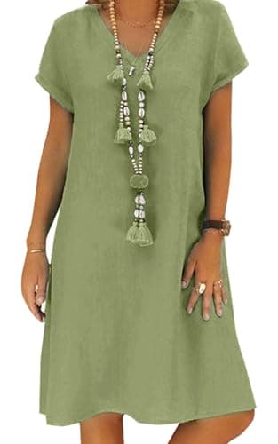 Image of Tincini Women's Dress Summer Linen Dresses Casual V Neck Midi Dress Short Sleeve A-line Dress Sundress Tunic Dress Without Accessories (A Green, XL)
