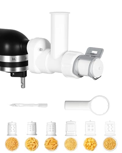 Image of HOMGEN Pasta Maker Attachment for Kitchenaid Mixer with 6 Different Shapes Nozzles & Plug Rod & Cleaning Brush Compatible with Kitchen Aid Stand Mixer for Making Spaghetti, Macaroni, etc