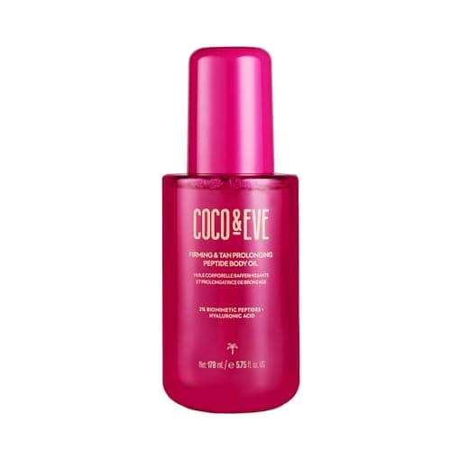 Image of Coco & Eve Firming & Tan Prolonging Peptide Body Oil. Up to 28 Days Natural Tan Extender. After Sun Care with Tropical Oils, Vitamins C & E for Nourished, Glowy & Visibly Firmer Skin. (170ml)