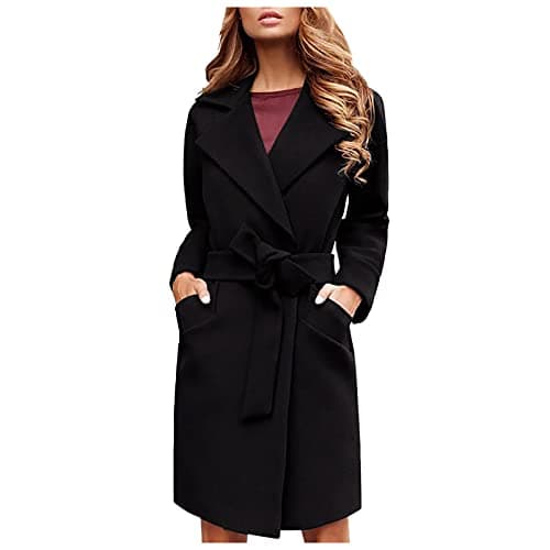 Image of Women's Wool Belted Trench Coat, Mid-Length Double-Breasted Winter Outerwear,Classic Longline Peacoat for Ladies, Elegant Formal Outerwear,Button-Down Trench Coat,Casual Loose Fit Overcoat