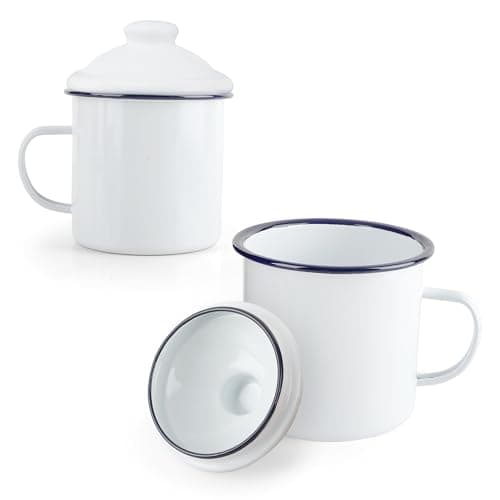Image of YKUKIZEE 2 Pack 500 ml White Enamel Mug with Lid, Retro Tin Cup 17 oz, Large Capacity Vintage Camping Mugs Portable for Hot Drinks Tea Home Garden Office Travel Party
