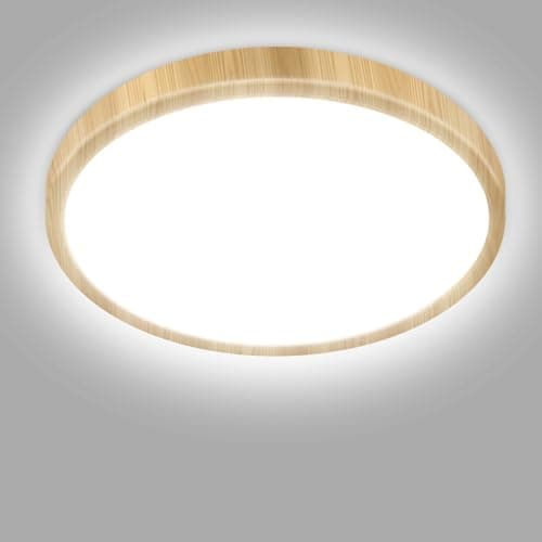 Image of hepside Bathroom Light, 3000K/4000K/6500K 3 Color Temperature, Waterproof IP54, Utility, Round, Modern, Flush Ceiling Light for Bulkhead, Kitchen, Hallway Ø22CM(Wood)