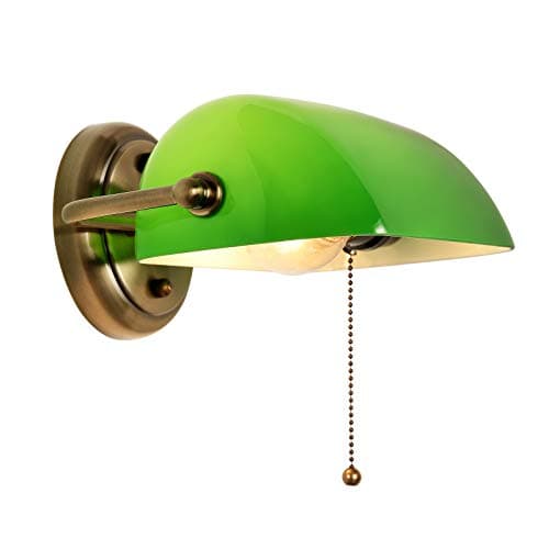 Image of FIRVRE Green Glass Bankers Wall Light Classic Retro Wall Lamp Vintage Brass Pull Chain Switch Nightstand Bedside Light for Home Office Bedroom Study