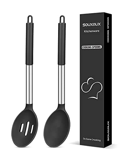 Image of 2 Pcs Silicone Cooking Spoons, Solid and Slotted Spoon Set, Non-Stick BPA Free Heat-Resistant Basting Kitchenware for Soup, Serving, Draining, Stirring(Black)