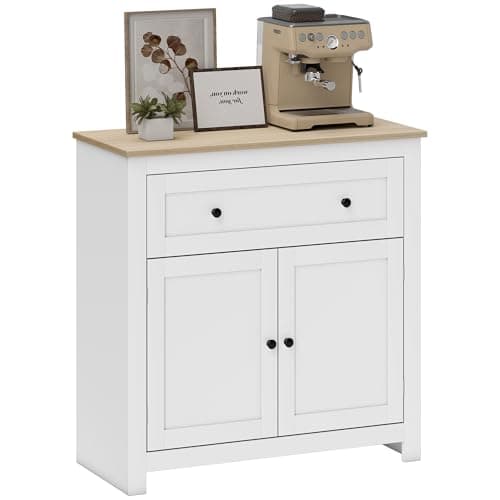Image of HOMCOM Sideboard Storage Cabinet, Morden Kitchen Cupboard with Adjustable Shelf, Drawer and Double Doors, Sideboard for Living Room, Dining Room, Hallway, White
