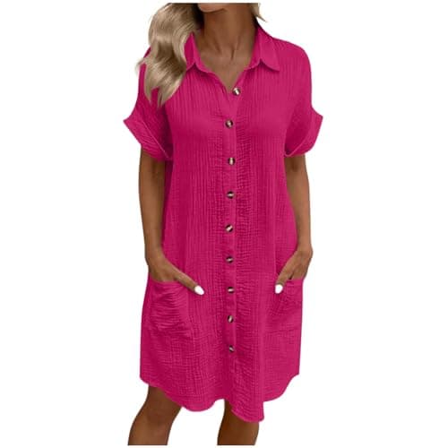 Image of Summer Shirts Dresses for Women UK Oversized Cotton Linen Baggy Tunic Shirt Mini Dress Button Up V Neck Plain Sundress with Pockets Beach Lounge Lightweight Holiday Essentials Dresses Hot Pink