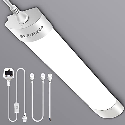 Image of BERIXDEEP LED Batten Light 6500K Daylight, Linkable LED Fluorescent Strip Fitting for Garage, Workshop, Office, Wall, Kitchen, Shed, IP65 Waterproof Plug in Ceiling Light Strip, 4FT, 120cm, 36W