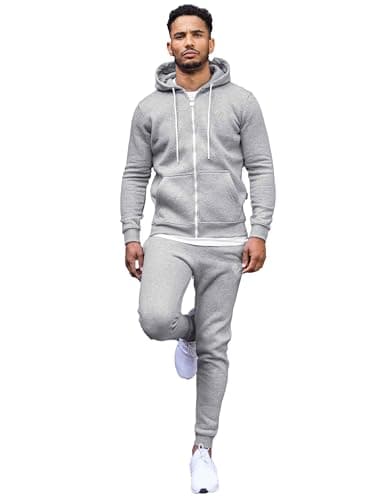 Image of 989Zé ENZO Mens Full Tracksuit Set Long Sleeve Zip Up Hoodie Jacket Sweatshirt and Casual Fleece Sweatpants Joggers HD577 + JG579 TRACKSUIT GREY M