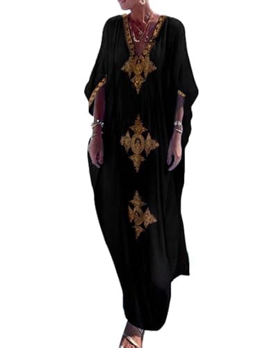 Image of Bsubseach Gold Embroidery Long Kaftan Dresses V Neck Caftan Dress Beach Cover Ups for Women Black