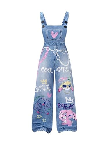 Image of GORGLITTER Girl's Denim Bib Overalls Y2k Graphic Sleeveless Jumpsuits Summer Rompers Wide Leg Jeans Dungarees Age 8-12 Blue 10Y
