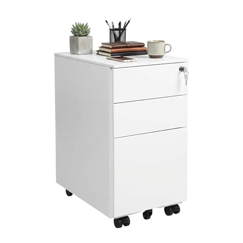 Image of SONGMICS Mobile File Cabinet, Office Cabinet with Wheels and Lock, for A4, Legal, Letter Sized Documents, Hanging File Folders, White OFC031W01