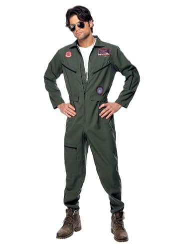 Image of Smiffys Top Gun Costume, Adult Green Jumpsuit, Name Tags & Glasses, Official Top Gun License Outfit with Aviation Badges, Pocket Zip Details & Waist Belt, Official Top Gun Halloween Fancy Dress