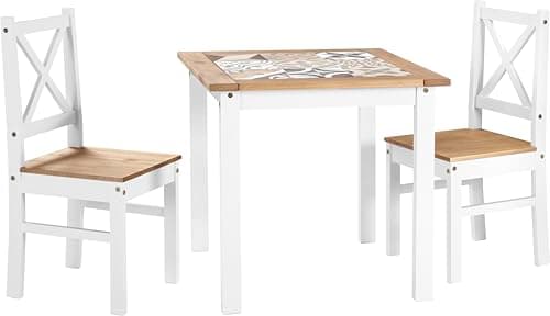 Image of Seconique Salvador Tile Top Dining Set with 2 Dining Chairs in White/Distressed Waxed Pine