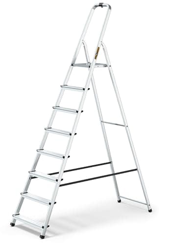 Image of DRABEST 8 Step Ladder Folding - Aluminum Folding Ladder - Ladder with Work Platform - Stepladders 8 Tread - Capacity 125 KG - Multi-Purpose Ladders - 52 x 237 x 12 cm