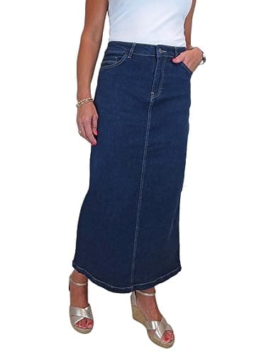 Image of icecoolfashion Women's Very Stretchy Denim Maxi Skirt Ladies Casual Straight Long Jeans Skirt Soft Wash Indigo Blue 10-22 (22)