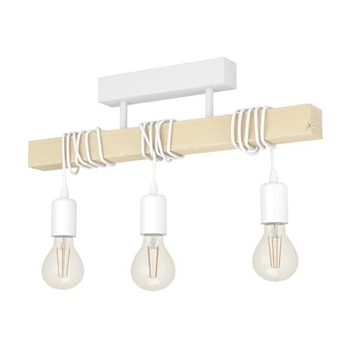 Image of EGLO Ceiling Light Fitting Townshend, 3-Light Vintage Ceiling lamp in Industrial Design, Retro Pendant lamp Made of White Steel and Natural Wood, FSC Certified, E27