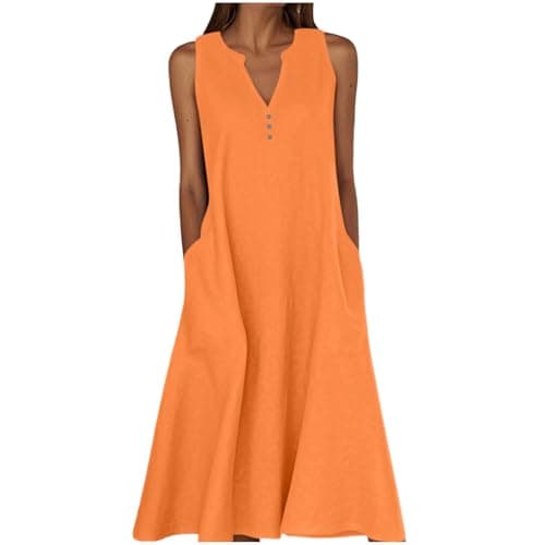 Image of Summer Dresses for Women Cotton Linen V Neck Button Sleeveless Dress Casual Solid Maxi Loose Fit Beach Sundress with Pockets Ladies Cotton Dresses Orange L