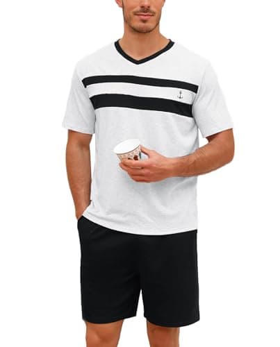Image of Nieery Mens Pyjamas Short Loungewear Men's Pajamas Set Short Sleeve Soft Cotton Pj's Top and Short for Sleepwear Nightwear with Pockets Light Grey S
