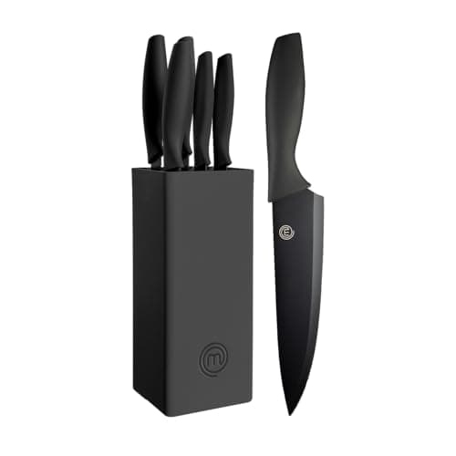 Image of MasterChef Knife Set with Block, 5 Kitchen Knives with Sharp Stainless Steel Blades (Chef, Paring, Utility, Carving, Bread) Soft Touch Easy Grip Handles & Universal Knife Holder, Essential Black