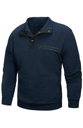 Image of Wirltte Mens Sweatshirts Solid Color Casual Long Sleeve Pullover Sweatshirt Winter Warm Stand Collar Button Top with Pockets Blue XXL