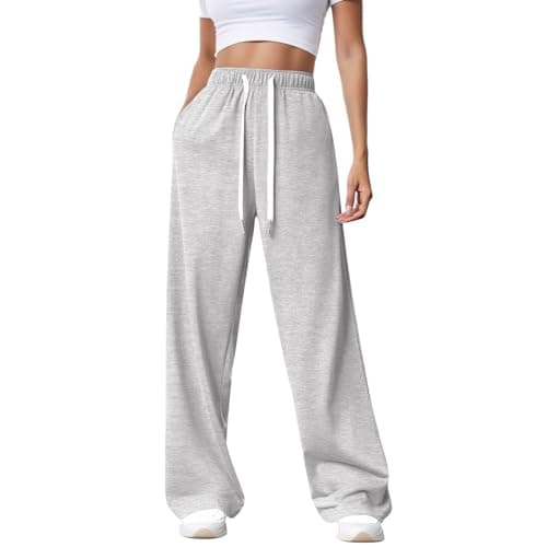 Image of Getervb Wide Leg Joggers for Women Baggy Ladies Tracksuit Bottoms Elasticated Waist Sweatpants Womens Casual Gym Trousers with Pockets Lounge Pants Light Grey