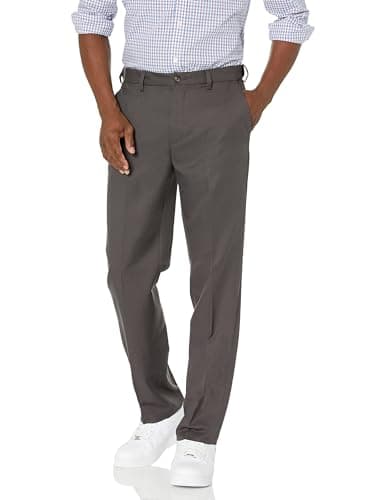 Image of Amazon Essentials Men's Classic Fit Expandable-Waist Flat-Front Dress Trousers, Dark Grey, 34W / 32L