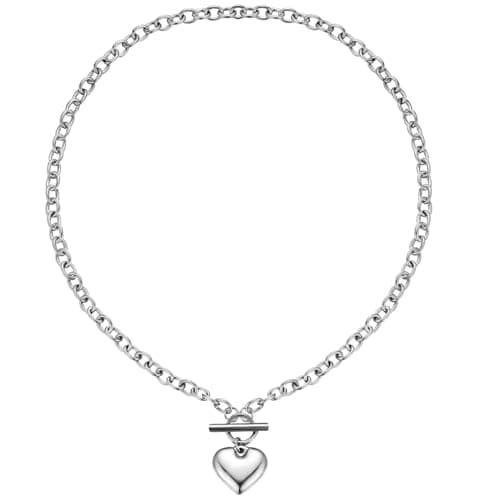 Image of Emibele Silver Heart Charm Necklaces for Women, OT Toggle Chunky Paperclip Choker Necklace, Stainless Steel Non Tarnish Silver Heart Pendant Necklace Jewelry Gifts for Valentine's Mothers Day