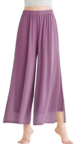 Image of SEAUR Elastic Waistband Side Slit Detail Chinese Dance Pants Women Flowy Wide Leg Cut Traditional Performance Costume Chiffon Palazzo Trousers Purple M