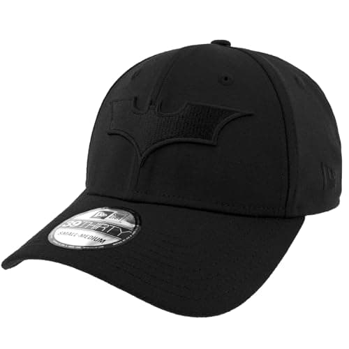 Image of New Era Batman Dark Knight Trilogy Logo Black on Black 39Thirty Fitted Hat (UK, Alpha, S, M, Black)