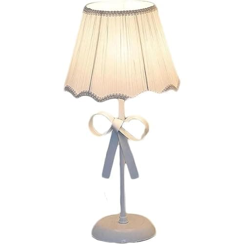 Image of Pink Table Lamp for Girl Bedroom – Nordic Minimalist Bedside Lamp with Cute Bow & Fabric Shade – Small Desk Light for Nightstand, Reading or Nursery Room – E27 Bulb Required(No Bulb)(White)