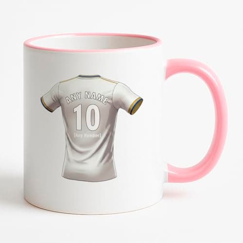 Image of UNIGIFT Personalised Gift - West Yorkshire Football Fan Pink Handle Mug (White Jersey Design) Custom Name Message Cup - Beeston LS11 Club