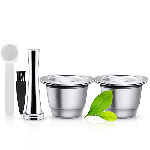 Image of i Cafilas Reusable Nespresso Capsules, Stainless Steel, 2 x Refillable Pods for Original Nespresso Machines + 1 Tamper + 1 Spoon + 1 Brush