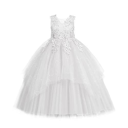 Image of LOLANTA Flower Girls Princess Dress, Kids Weddings Prom Party Ball Gown Lace Tulle Dresses, Girls Elegant Pageant Birthday Carnival Christmas Occasion Wear, White, 4-5 Years, 110