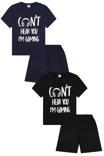 Image of ThePyjamaFactory Can't Hear You I'm Gaming Short Black Navy 2 Pack Boys Pyjama Set PJs For Kids (12-13 Years)