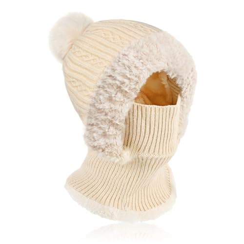 Image of AYPOW Winter Warm Knitted Hats for Women with Neck Warmer, Slouchy Hat Scarf Set Ladies Girls, Windproof Balaclava Face Mask Womens Soft Thick Fleece Lined Beanie Hat Woolly Hats Snood Hood Cap