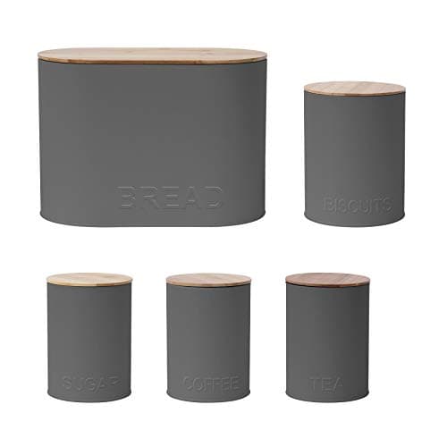 Image of 5PC Oval Kitchen Storage Set: Bread Bin, Biscuit Tin and Tea, Coffee & Sugar Canister Set - Matt Slate Grey - Embossed Lettering Design.