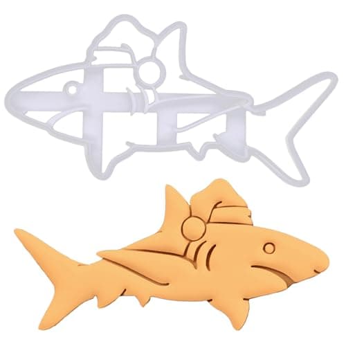 Image of BAKERLOGY Xmas Great White Shark with Santa Hat Cookie Cutter - Bake Nautical Christmas Cookies - Detailed Biscuit Cutter Design for Baking and Crafts, Ideal on Fondant, Dough, Clay