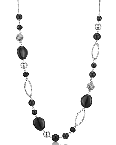 Image of BULINLIN Beaded Long Silver Necklaces for Women, Handmade Statement Sweater Chain Necklace with Crystal Beads for Fashion Jewelry gifts(Black)