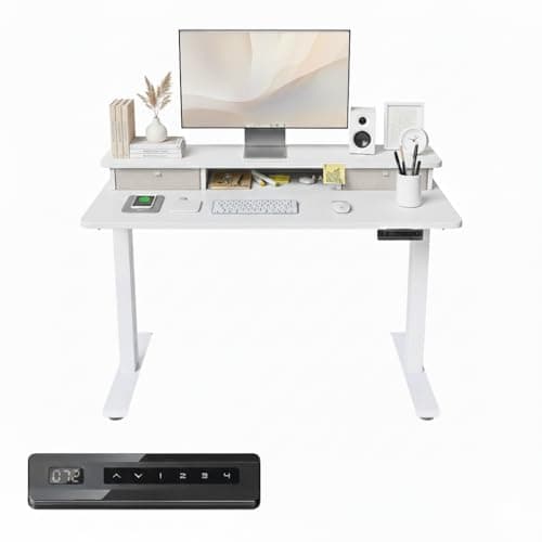 Image of FEZIBO Electric Standing Desk with Drawers,100x60cm, with Double Drawers and Monitor Stand, White