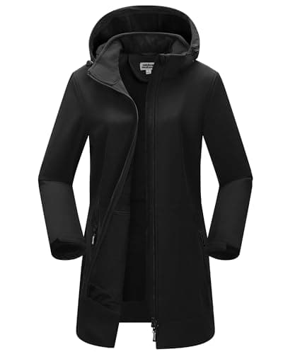 Image of Outdoor Ventures Women's Softshell Long Jacket with Hood Fleece Lined Windproof Jacket for Women Waterproof Windbreaker Black L