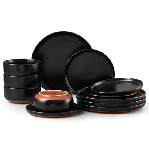 Image of Homikit 12-Piece Dinner Stoneware Set, Reactive Glaze Plates and Bowls Dishware with Rustic Terracotta Underside, Non-Toxic & Scratch Resistant, Microwave and Dishwasher Safe - Matte Black