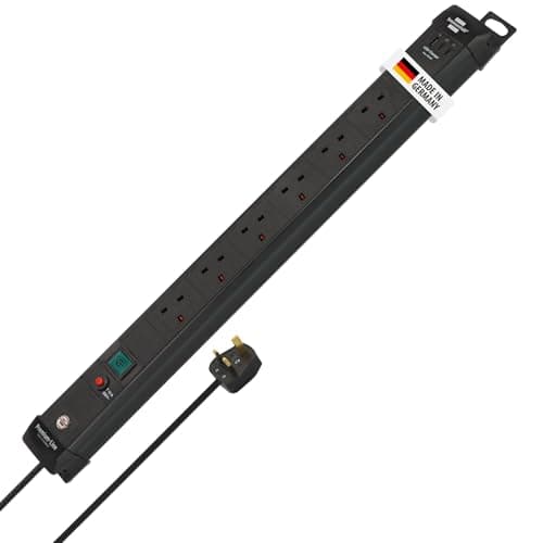 Image of Brennenstuhl Premium-Line 6-way Power Strip with 2x USB C PD 65W and USB A 18W (Made in Germany, Extension Lead with switch, 3m cable and Safety Fuse Button, Power Extension for wall mounting) black