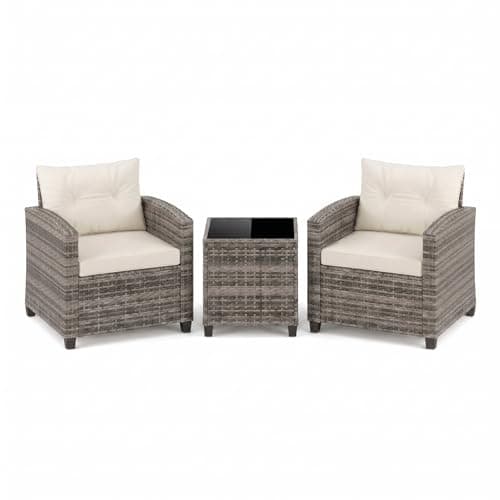 Image of Minifactory 3-Piece Rattan Garden Furniture Set, Outdoor Bistro Set with 2 Armchairs & Side Table, PE Rattan Wicker with Cushions, Tempered Glass Top, for Patio, Balcony, Small Garden (Grey)
