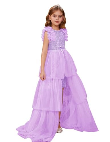 Image of GRACE KARIN Girls Glitter Sequin Dress Flutter Sleeve Princess Dresses+Mesh Tiered Skirt Party Outfits Purple 11-12 Years