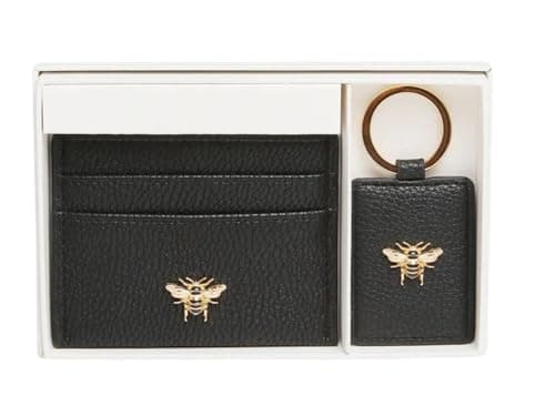 Image of Alice Wheeler Bee Keyring & Bow Card Holder Set – Black Vegan Leather 2-Piece Set with Gold Bee Detail – Includes Metal Ring & External Card Slots